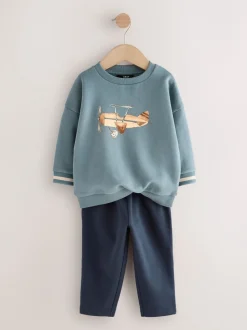 Blauw met vliegtuig - Set met sweatshirt en joggingbroek (3mnd -7jr)