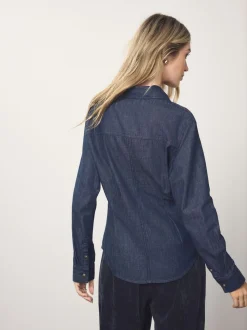 Blauw met wassing - Cinch Waist Fitted Long Sleeve Denim Shirt