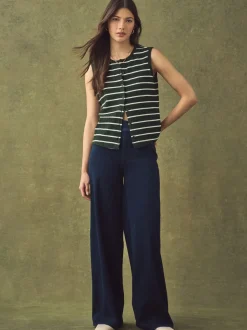 Blauw met wassing - Jersey denim broek met wijde pijpen
