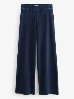 Blauw met wassing - Jersey denim broek met wijde pijpen