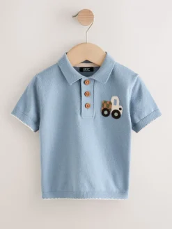 Blauw vervoersmiddel - Character Button Neck Knitted Polo Shirt (3mths-7yrs)