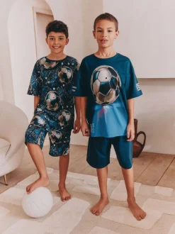 Blauw voetbal - Set van 2 pyjama's met short (3-16 jr)