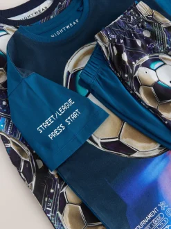 Blauw voetbal - Set van 2 pyjama's met short (3-16 jr)
