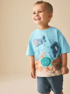 Blauw zeedierenprint - Short Sleeve 3D Padded T-Shirt (3mths-7yrs)