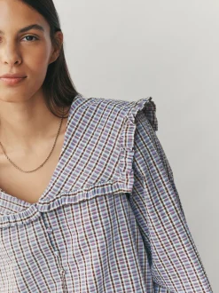 Blauw/bruin met ruitmotief - Oversized Collar Long Sleeve Blouse
