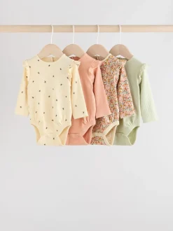 Blauw/crème/koraal Ditsy - Verpakking van 4 babyrompers met lange mouwen en ruches (0mnd-2jr)