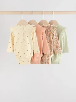 Blauw/crème/koraal Ditsy - Verpakking van 4 babyrompers met lange mouwen en ruches (0mnd-2jr)