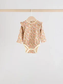 Blauw/crème/koraal Ditsy - Verpakking van 4 babyrompers met lange mouwen en ruches (0mnd-2jr)