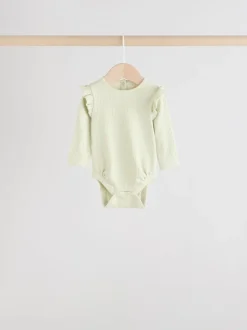 Blauw/crème/koraal Ditsy - Verpakking van 4 babyrompers met lange mouwen en ruches (0mnd-2jr)