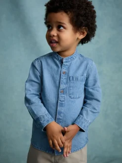 Blauwe denim - 100% katoenen overhemd met lange mouwen en opa-kraag van denim (3mnd-7jr)