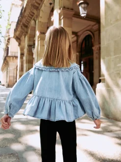 Blauwe denim - Blouse met lange mouwen en kraag (3-16jr)
