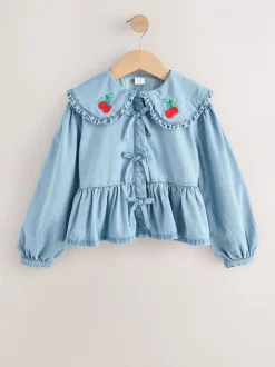 Blauwe denim - Blouse met lange mouwen en kraag (3-16jr)