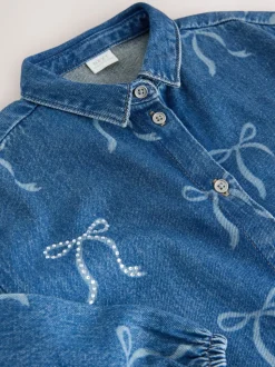 Blauwe denim - Strik Diamanté Overhemdjurk (3-16jr)