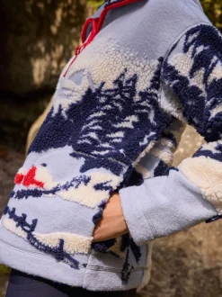 Blauwe grafische winterlandschap - Soft Touch Knusse Teddy Borg Kwartrondrits Fleece