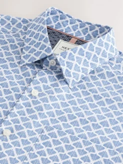Blauwe waaierprint - Strijkvrij Oxford-overhemd met korte mouwen