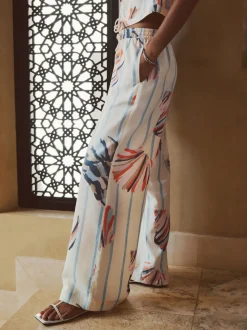 Blauw/ecru - Pull On Wide Leg Trousers With Linen