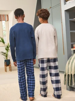 Blauw/grijs - Set van 2 geweven geruite pyjama's met lange mouwen (3-16jr)
