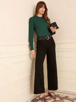Blauwgroen - Love & Roses jersey top met ruches aan de hals en lange mouwen