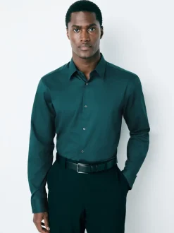 Blauwgroen - Normale Pasvorm - Onderhoudsvriendelijk, getextureerd, slim fit overhemd met enkele manchet