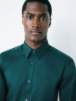 Blauwgroen - Normale Pasvorm - Onderhoudsvriendelijk, getextureerd, slim fit overhemd met enkele manchet