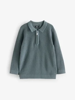 Blauwgroen - Poloshirt met lange mouwen en kwartrits (3mnd-7jr)