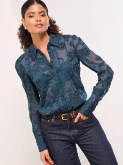 Blauwgroen met bloemen - Lipsy Burnout overhemd met knoopsluiting