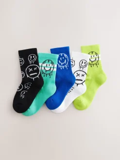 Blauw/groen met graffiti-smile - Set van 5 paar geribbelde sokken met verzacht voetbed, katoengehalte en gekleurde boorden