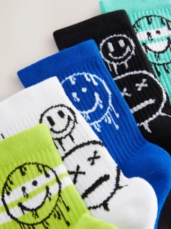 Blauw/groen met graffiti-smile - Set van 5 paar geribbelde sokken met verzacht voetbed, katoengehalte en gekleurde boorden