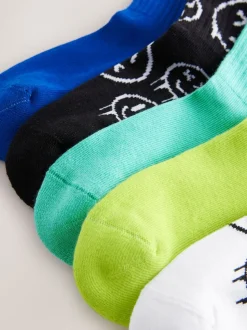 Blauw/groen met graffiti-smile - Set van 5 paar geribbelde sokken met verzacht voetbed, katoengehalte en gekleurde boorden