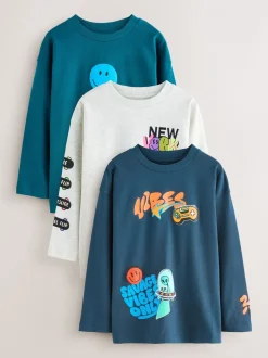 Blauwgroen/blauw/grijs felle graffiti - 3 Relaxed Fit T-shirts met grafische print en lange mouwen (3-16jr)