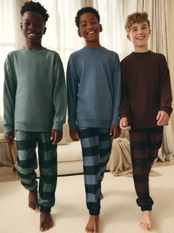 Blauw/Groen/Bruin - Verpakking van 3 geweven geruite pyjama's (3-16 jr)