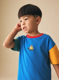 Blauw/groen/gele graafmachine - T-shirt met korte mouwen en kleurblokken (3mnd-7jr) (3mnd-7jr)