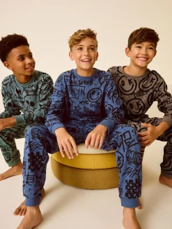 Blauw/Groen/Naturel personage - Verpakking van 3 pyjama's met lange mouwen (3-16 jr)
