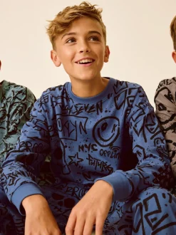 Blauw/Groen/Naturel personage - Verpakking van 3 pyjama's met lange mouwen (3-16 jr)