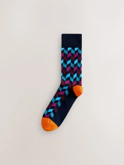 Blauw/oranje - Set van 8 sokken met patroon