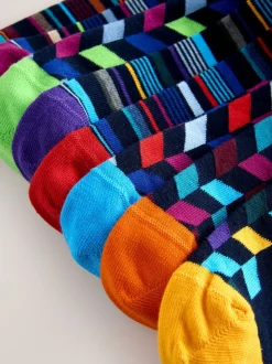 Blauw/oranje - Set van 8 sokken met patroon