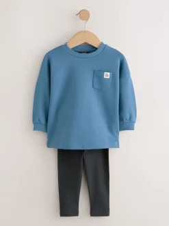 Blauw/pastelgeel/groen - Set van 3 lange mouwen top en legging (3mnd -7jr)
