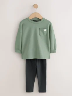 Blauw/pastelgeel/groen - Set van 3 lange mouwen top en legging (3mnd -7jr)