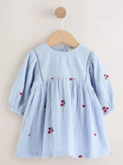 Blauw/rood - Baby Long Sleeve Embroidered Dress (0mths-2yrs)