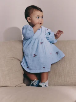 Blauw/rood - Baby Long Sleeve Embroidered Dress (0mths-2yrs)