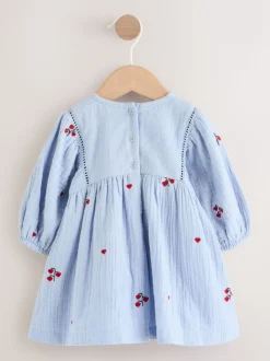 Blauw/rood - Baby Long Sleeve Embroidered Dress (0mths-2yrs)