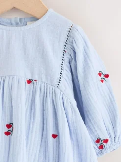 Blauw/rood - Baby Long Sleeve Embroidered Dress (0mths-2yrs)