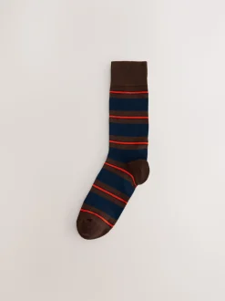 Blauw/rood/bruin gestreept - Set van 8 sokken met patroon