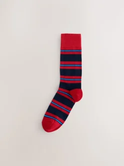 Blauw/rood/bruin gestreept - Set van 8 sokken met patroon