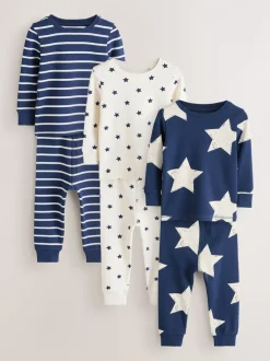 Blauw/wit - Slim Snuggle Fit Pyjamas 3 Pack (9mths-10yrs)