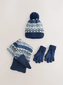 Blauw/wit fairisle - Set van 3 -delige muts, sjaal en handschoenen (3-16jr)