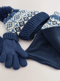 Blauw/wit fairisle - Set van 3 -delige muts, sjaal en handschoenen (3-16jr)