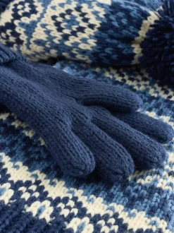 Blauw/wit fairisle - Set van 3 -delige muts, sjaal en handschoenen (3-16jr)