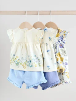 Blauw/wit met bloemenprint - 6 -delig Baby Set van T-shirt met ruches en short (0mnd-2jr)