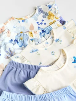 Blauw/wit met bloemenprint - 6 -delig Baby Set van T-shirt met ruches en short (0mnd-2jr)